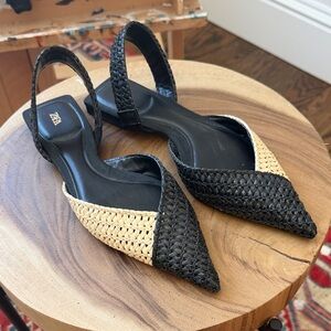 Zara Woven Black and Tan Slingback Flats